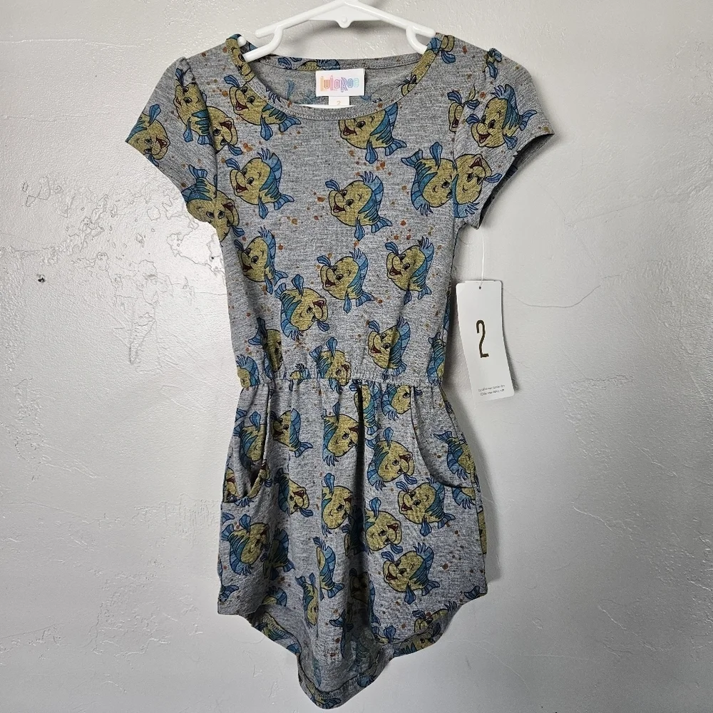 Lularoe NWT Toddler Girl 2 Grey Short Sleeve Dress Flounder Little Mermaid Fish